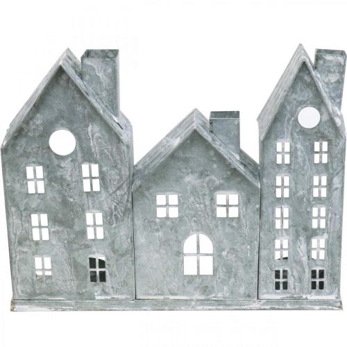 Window decoration Christmas, lantern, diorama house row, metal decoration silver Shabby Chic L20cm H20cm