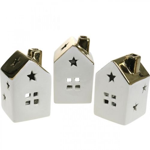 Floristik24 Lantern house ceramic light house for tealight white, gold 10cm 3pcs