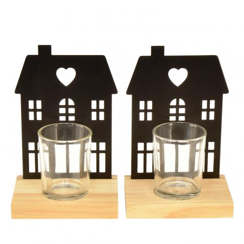 Lantern house metal black with wooden base H15cm 2pcs