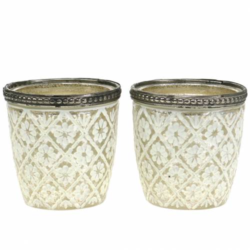 Floristik24 glass tealight poor man's silver floral Ø7,5cm H7,5cm 2pcs