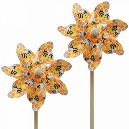 Floristik24 Pinwheel bee wooden garden stake windmill Ø17cm H48cm 4pcs