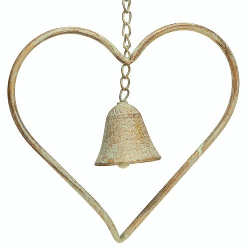 Wind chime metal heart with bell antique green gold rust 46cm