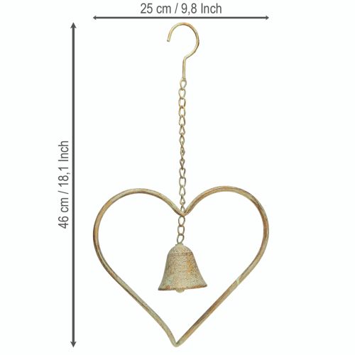 Product Wind chime metal heart with bell antique green gold rust 46cm
