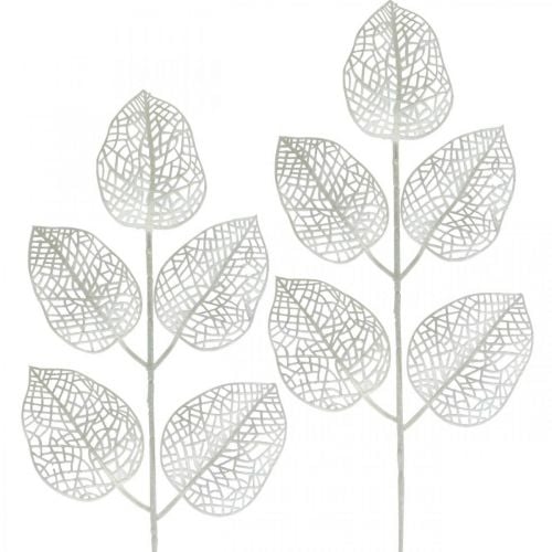 Winter decoration, deco leaves, artificial branch white glitter L36cm 10p