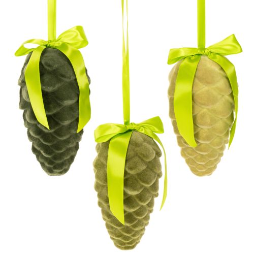 Beflocked Hanging Pine Cones with Ribbon and Bow, 18cm, Set of 3
