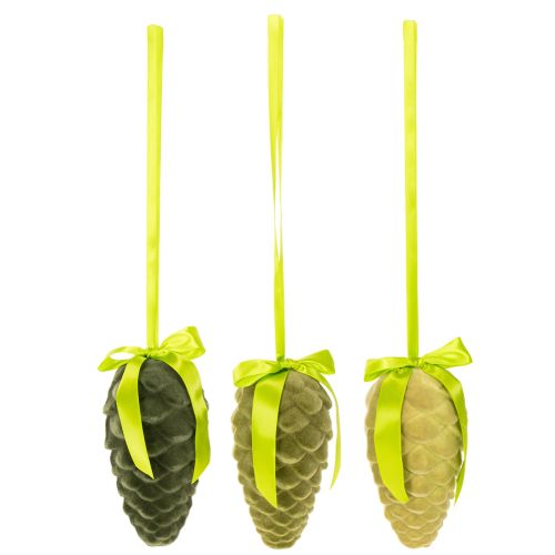 Beflocked Hanging Pine Cones with Ribbon and Bow, 18cm, Set of 3 | Floristik24.co.uk