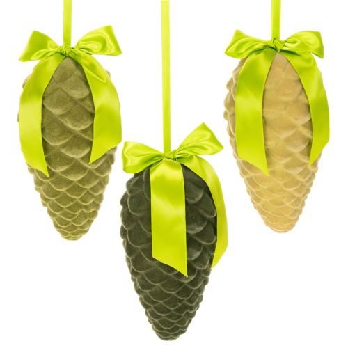 Pinecone-Shaped Artificial Hanging Decorations with Ribbon and Bow, 23cm, Set of 3