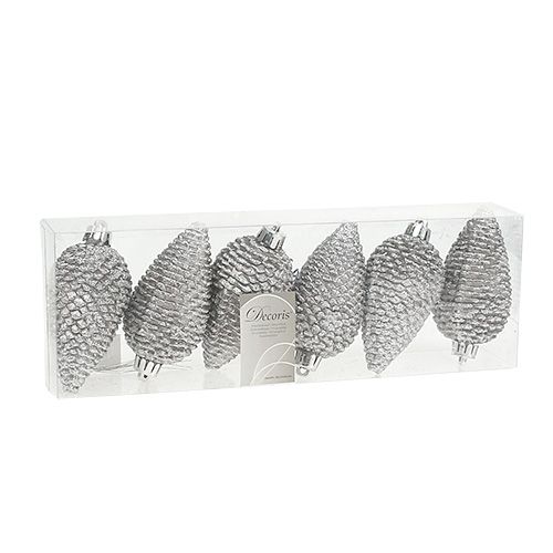 Floristik24 Cones for hanging plastic, mica 9,5cm silver 6pcs
