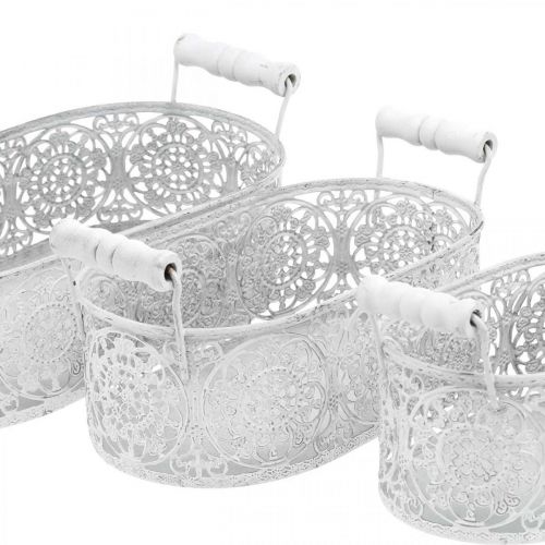 Floristik24 Bowls for planting, decorative pot with lace decor, metal vessel with handles, oval white, silver Shabby Chic L25.5 / 20 / 15cm H7cm set of 3