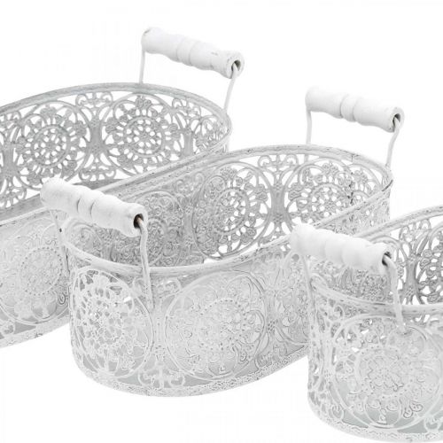 Product Bowls for planting, decorative pot with lace decor, metal vessel with handles, oval white, silver Shabby Chic L25.5 / 20 / 15cm H7cm set of 3