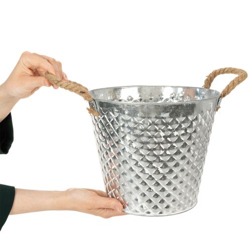 Zinc pot, diamond shape, with rope handles, whitewashed, Ø24.5cm H21cm | Floristik24.co.uk