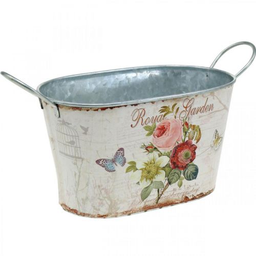 Floristik24 Vintage flower tub, metal pot with handles, planter with roses L18cm H10.5cm