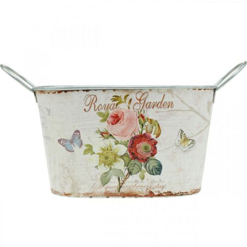 Floristik24 Vintage flower tub, metal pot with handles, planter with roses L18cm H10.5cm