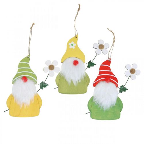 Spring decoration gnome for hanging wooden dwarf with flower H17cm 6 pcs