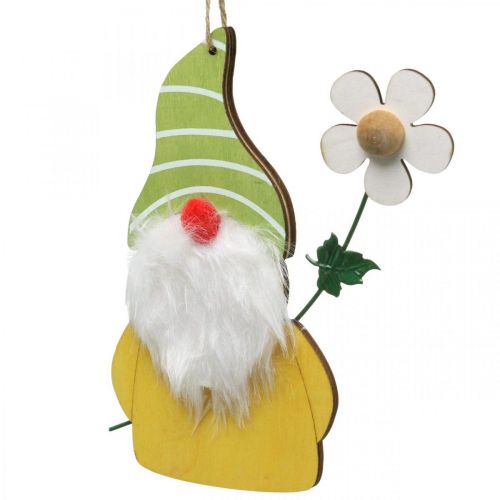 Product Spring decoration gnome to hang up wooden dwarf with flower H17cm 6pcs