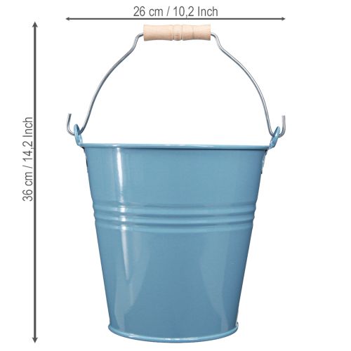 Product Blue metal bucket planter with wooden handle, 26x22.5x23cm