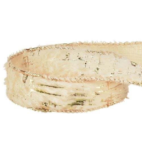 Product Ribbon with fur decorative ribbon cream gold faux fur 25mm 15m