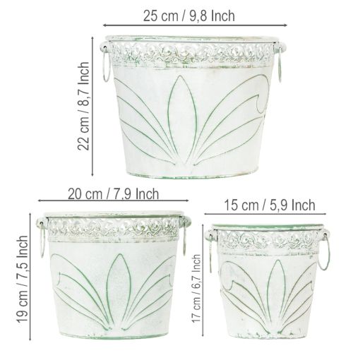 Product Embossed metal planter with handles, white and green, shabby chic style, H22/19.5/17.5cm, Ø25.5/20.5/15.5cm, set of 3