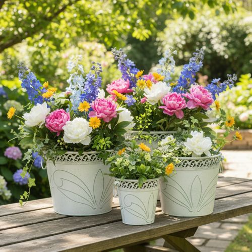 Embossed metal planter with handles, white and green, shabby chic style, H22/19.5/17.5cm, Ø25.5/20.5/15.5cm, set of 3 | Floristik24.co.uk
