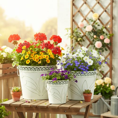 Embossed metal planter with handles, white and green, shabby chic style, H22/19.5/17.5cm, Ø25.5/20.5/15.5cm, set of 3 | Floristik24.co.uk