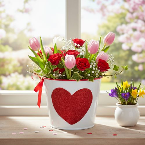 White flower pot with red heart, planter, Ø13cm H10.5cm | Floristik24.co.uk
