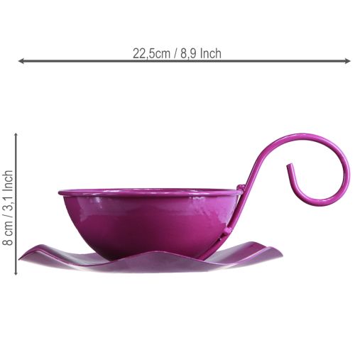 Product Decorative metal teacup on a saucer, purple, Ø11.5cm, H8cm, 2 pieces