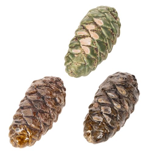 Decorative ceramic pine cones, assorted green, yellow, brown, 8.5cm, 6 pieces | Floristik24.co.uk