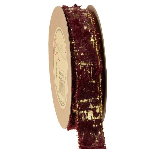 Floristik24 Decorative ribbon with fur, faux fur ribbon, Bordeaux gold, 25mm, 15m