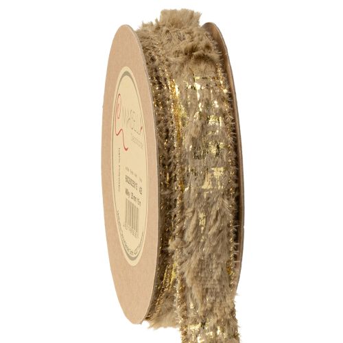 Floristik24 Decorative ribbon with fur, faux fur ribbon, brown gold, 25mm, 15m
