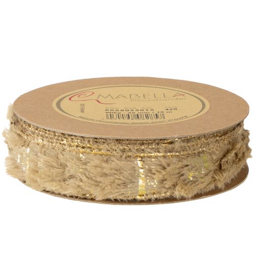 Product Decorative ribbon with fur, faux fur ribbon, brown gold, 25mm, 15m