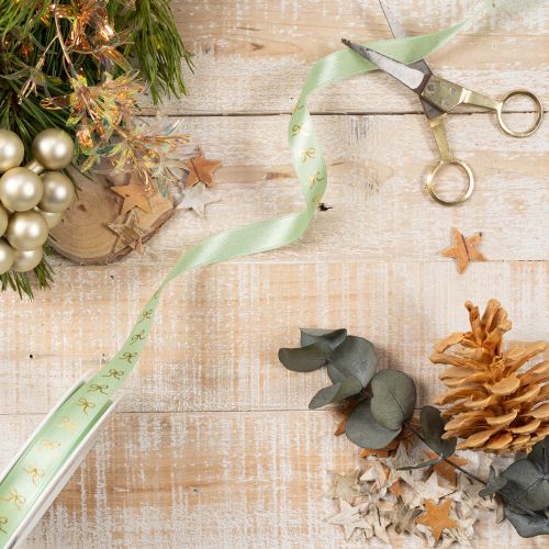 Mint Green Ribbon with Gold Bow Pattern on Roll 15mm x 18m for Decorative Use | Floristik24.co.uk