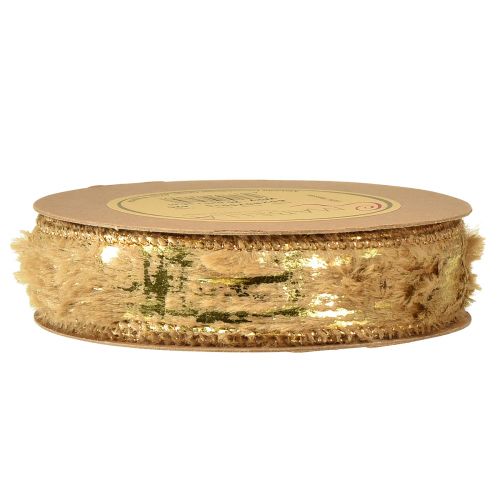 Product Decorative ribbon with fur decorative ribbon faux fur brown gold 25mm 15m