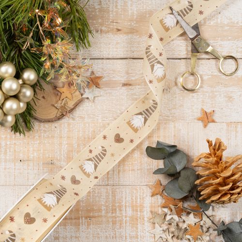 Decorative Ribbon with Gnome and Heart Motifs 40mm x 15m Beige for Gifts and Crafts | Floristik24.co.uk