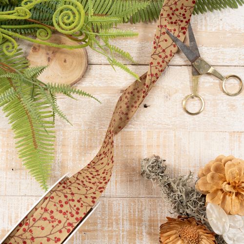 Decorative Fabric Ribbon with Red Glitter Berries 40mm x 15m | Floristik24.co.uk