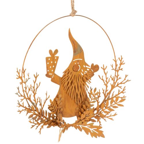 Christmas decorative ring, reindeer in a ring, Santa Claus with gift, metal decoration, rusted finish, Ø18cm, set of 2 | Floristik24.co.uk