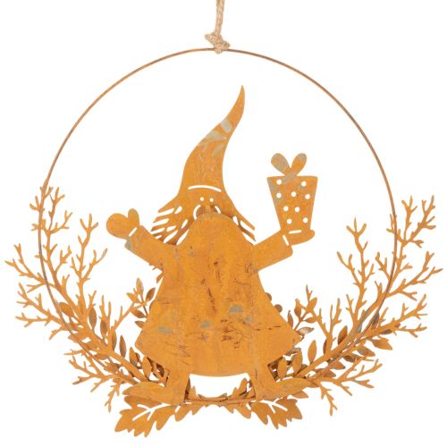 Christmas decorative ring, reindeer in a ring, Santa Claus with gift, metal decoration, rusted finish, Ø18cm, set of 2 | Floristik24.co.uk