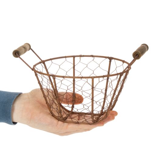Wire basket, metal basket with handle, wood, rust, decorative, Ø18cm | Floristik24.co.uk