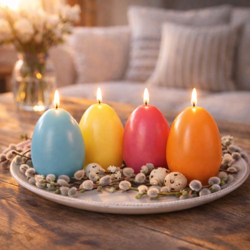 Product Egg-shaped candle for Easter decoration, perfect Easter atmosphere in the house, 9cm, 20h, 6 pieces