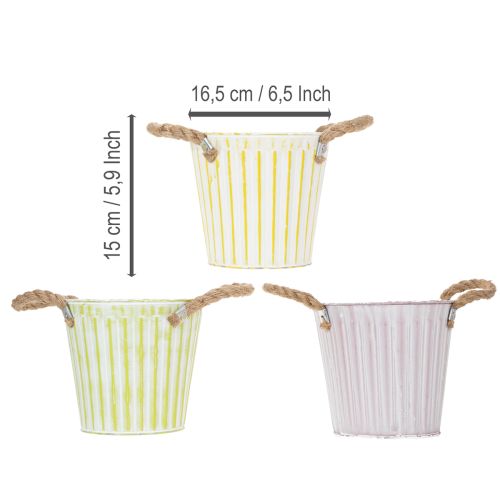 Product Bucket for planting, planter with handles, metal decoration pink/green/yellow shabby chic Ø16.5cm H15cm 3-piece set