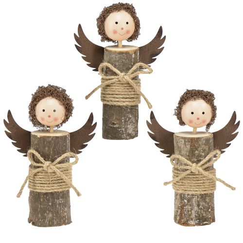 Product Angel with curls wooden decoration Christmas natural H15cm 3 pcs