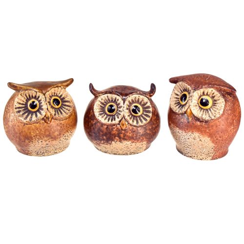 Product Charming ceramic owl figurines – Detailed design in brown and cream, 10.5 cm – Perfect decoration for living and working spaces – 3 pieces