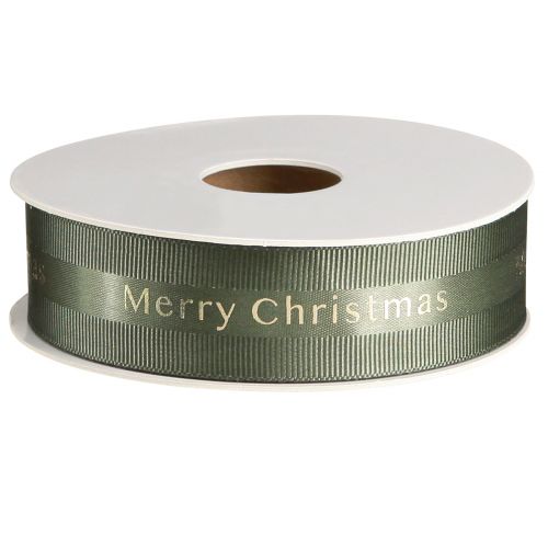 Product Festive Christmas ribbon in dark green with golden &#39;Merry Christmas&#39; lettering Width 25mm Length 20m
