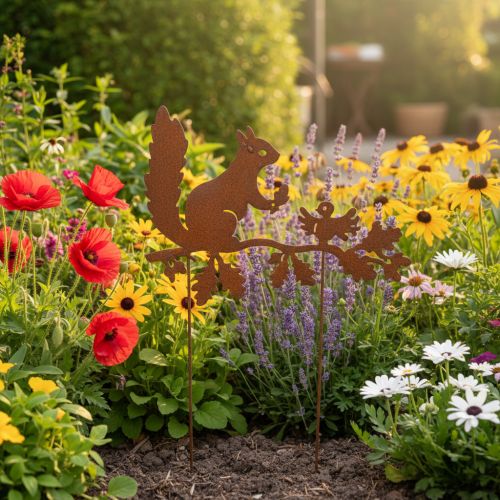 Garden stake squirrel on branch, weathered metal, 42cm high, 3 pieces | Floristik24.co.uk
