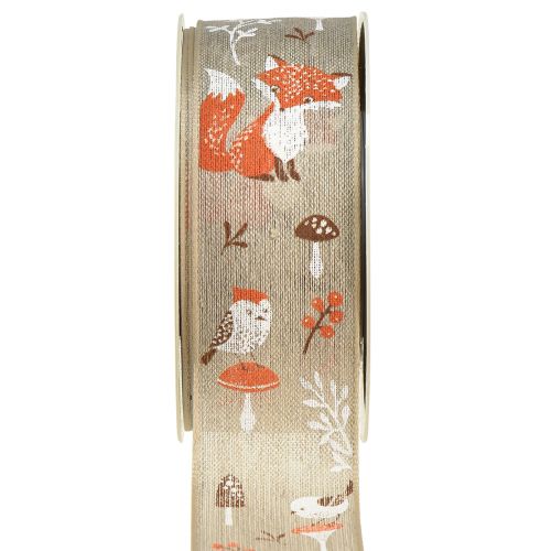 Floristik24 Gift ribbon autumn with fox and mushrooms linen grey 40mm 15m