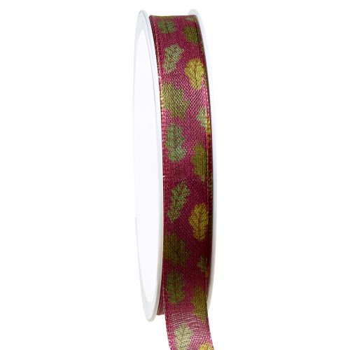 Floristik24 Gift ribbon autumn fabric ribbon with oak leaves Bordeaux green 15mm 18m