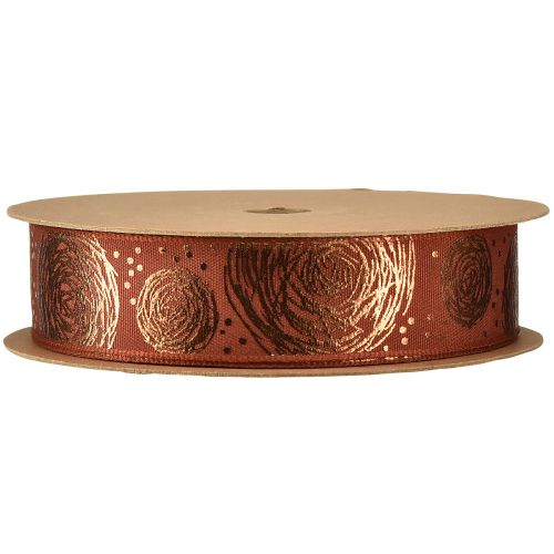 Product Gift ribbon with golden roses decorative ribbon red-brown 25mm 15m
