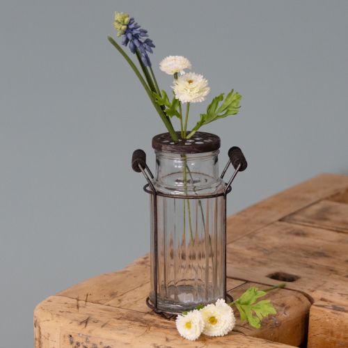 Product Glass bottle in a metal basket, ideal for decorative accents in the living room, 20cm