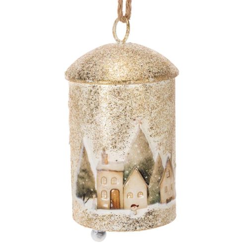 Metal Bell with Winter Village Design 20cm White and Gold