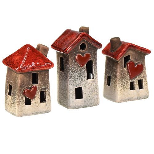 Product Romantic ceramic houses with heart motif – red &amp; natural tones, 11 cm – lovingly designed winter decoration – 3 pieces