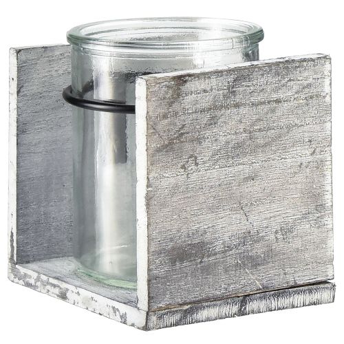 Product Glass tealight holder in rustic wooden frame – grey-white, 10x9x10cm – charming table decoration 3pcs